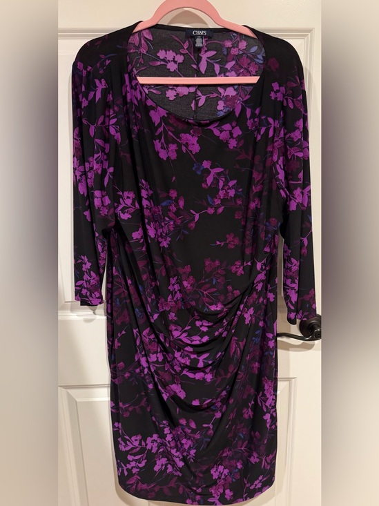Chaps Dresses & Skirts - Chaps Womens 20W Purple Floral Cowl Neck Sheath Dress 3/4 Sleeve Ruched